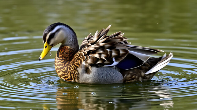 A duck ruffling its feathers on the surface of a pond, droplets glistening as they fly off