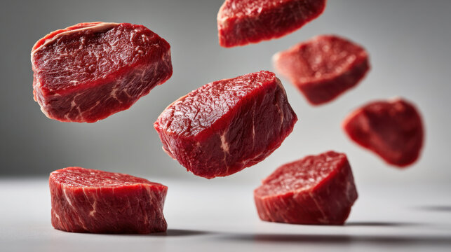 Raw beef medallion steak floating in studio lighting, raw red meat pieces levitating over neutral background with dramatic shadow and texture