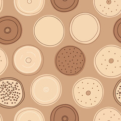 Fototapeta premium Seamless pattern of various donuts with different toppings on a beige background in a flat illustration style with warm tones.