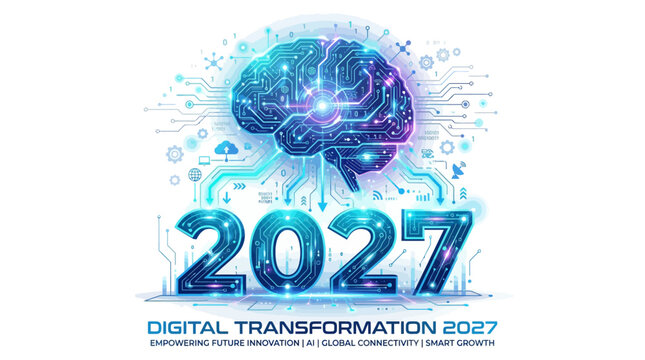 Digital Transformation 2027 Concept with Glowing AI Brain Illustration on White Background Featuring High-Tech Circuits and Futuristic Connectivity Network Icons.