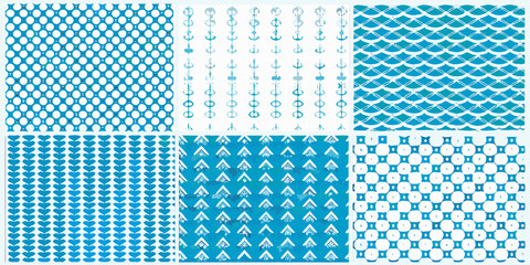 Blue patterned backgrounds dots hearts anchors and geometric shapes © KrishnaPada