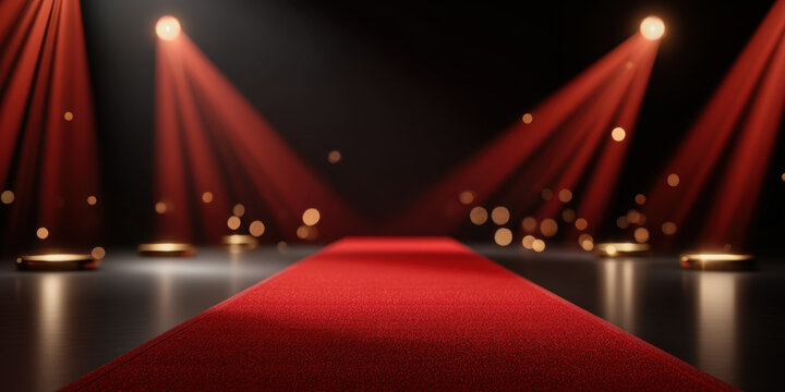 Red carpet runway with glowing spotlights and glittering bokeh particles creating glamorous stage atmosphere, dramatic lighting evokes excitement and celebration