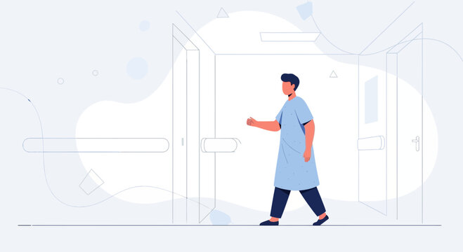 Doctor walking into hospital room, medical professional, healthcare concept