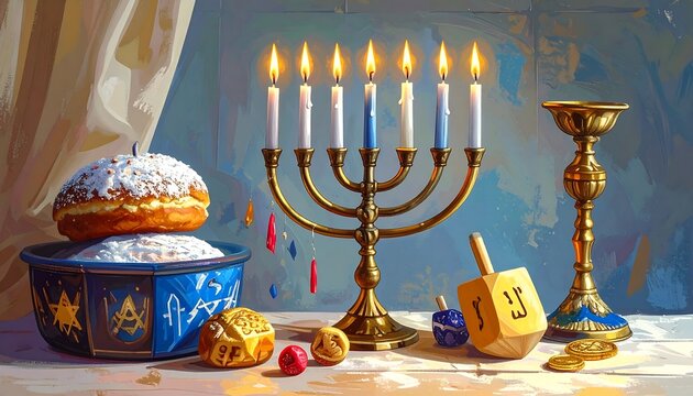 A festive table setting with a menorah, sufganiyot and dreidel