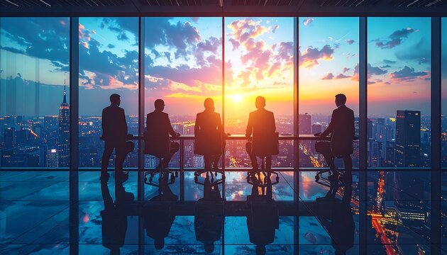 Silhouetted business team looks at cityscape through a modern office window at sunset. The setting sun paints sky in vivid colors