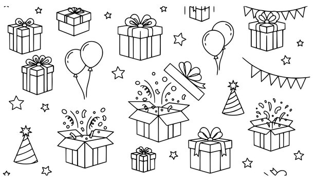 Gift box and birthday celebration icons pattern set with presents balloons and confetti vector illustration