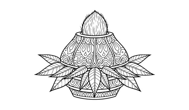 Traditional Indian kalash with coconut and leaves line art coloring page vector illustration