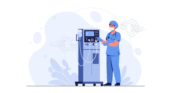 Doctor operating a modern ventilator machine in a hospital, medical equipment illustration