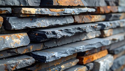 A close-up view of a stacked stone wall with varied textures