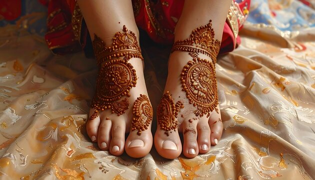 A close-up of henna-painted feet on a colorful fabric
