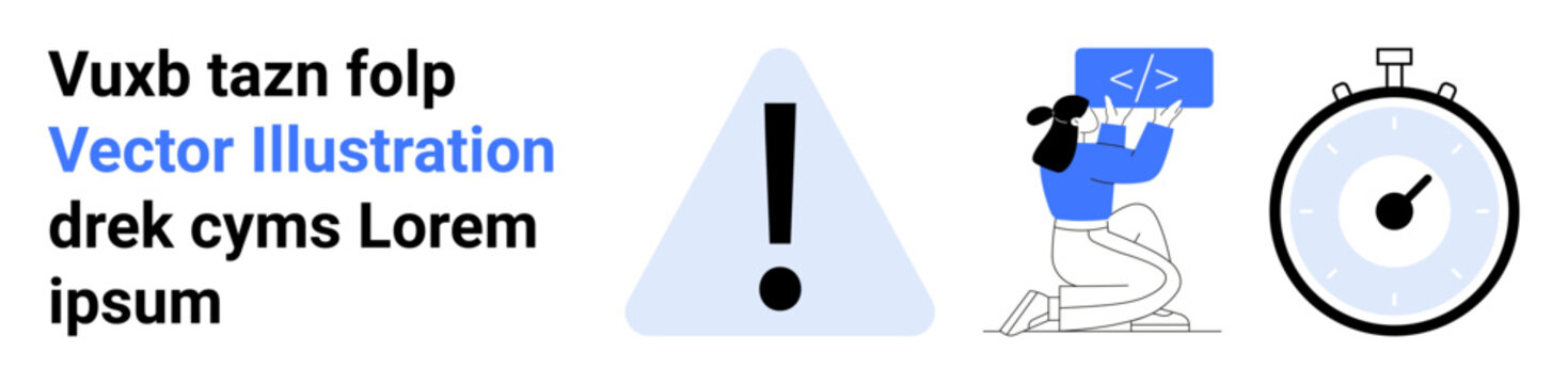 Time management, coding, programming education, workflow optimization, alerts, web development. Warning icon beside a coding figure and a stopwatch. Time management and coding concepts