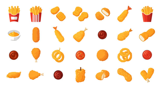 Fried Food Icon Set: Cartoon Vector Illustration of Crispy Chicken Nuggets, French Fries, and Tempura Shrimp with Dipping Sauces.