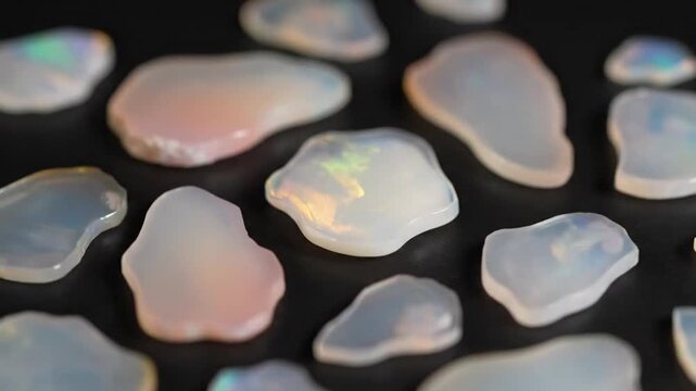 Opal gemstones on black background with iridescent sheen and rainbow colors