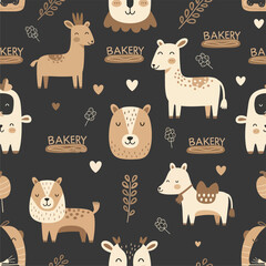 Fototapeta premium Seamless pattern of cute cartoon farm animals and bakery text on dark background with hearts and leaves in warm earthy tones.