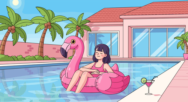 Woman relaxing on flamingo float in pool summer vacation illustration