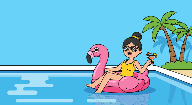 Woman relaxing on flamingo float in pool with cocktail summer illustration