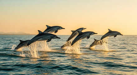 Fototapeta premium Dolphins Leaping Joyfully from Ocean Waves at Sunset
