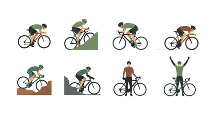 Naklejka premium Vector Illustration Set of Professional Male Cyclists Riding Road Bikes, Climbing Steep Hills, Descending, and Celebrating Victory in a Clean Flat Art Style.