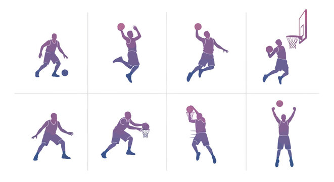 Basketball Player Silhouettes Set with Gradient Effects. Professional Athletes Dribbling, Jumping, and Slam Dunking. High-Quality Sports Graphic Illustrations.