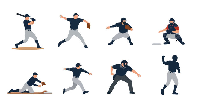 Flat vector illustration of various professional baseball players including a pitcher, batter, catcher, umpire, and fielders in action poses on white background