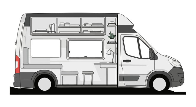 Camper van interior with kitchenette and shelving