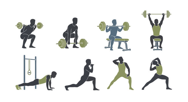 Set of fitness exercise icons showing men performing weightlifting, deadlifts, squats, bench press, and bodyweight stretches for gym workout infographics.
