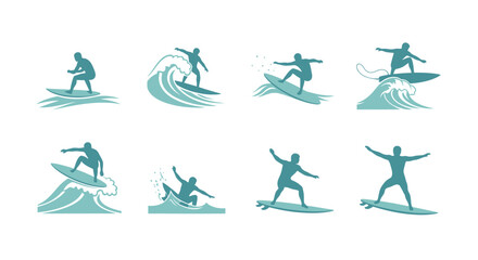 Obraz premium Collection of eight minimalist teal surfer silhouettes riding ocean waves, perfect for summer sports graphics, beach lifestyle branding, and extreme water sport.