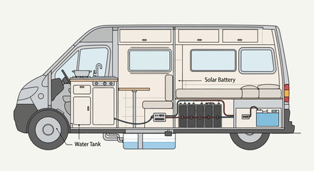 Obraz premium Camper van interior with solar battery and water tank diagram