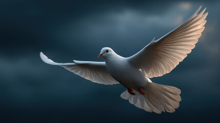 Obraz premium White dove flying across dark blue moody sky, soft light illuminating wings, peaceful motion and elegant feather detail