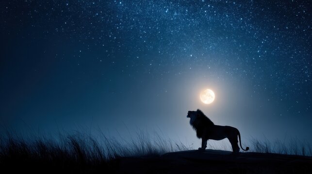 Majestic Lion Silhouetted Against a Starry Night Sky and Full Moon in a Serene Wilderness Landscape