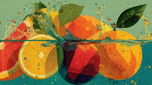 Citrus fruits splashing in water with a splash of color and freshness