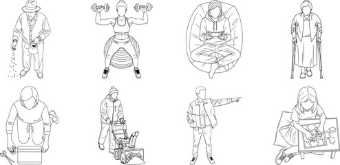 Eight blurry line drawings of people isolated on transparent background