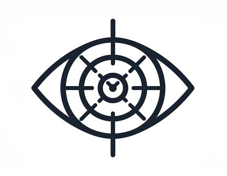 Black outline eye graphic with a target symbol centered on the pupil, featuring a clock icon within the innermost circle, representing focused time management and efficiency.