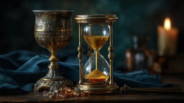 Elegant hourglass and goblet on wooden table with candlelight