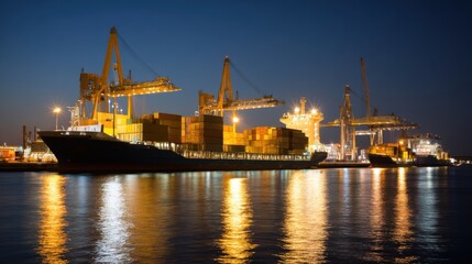 Obraz premium Shipping and cargo operations at night port city industrial scene waterfront wide angle maritime logistics