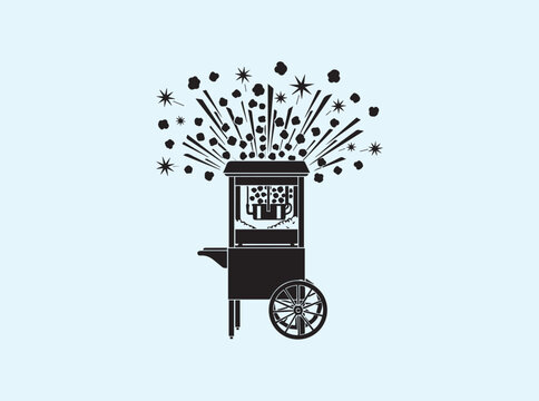 Popping corn graphic with numerous kernels bursting from an open machine