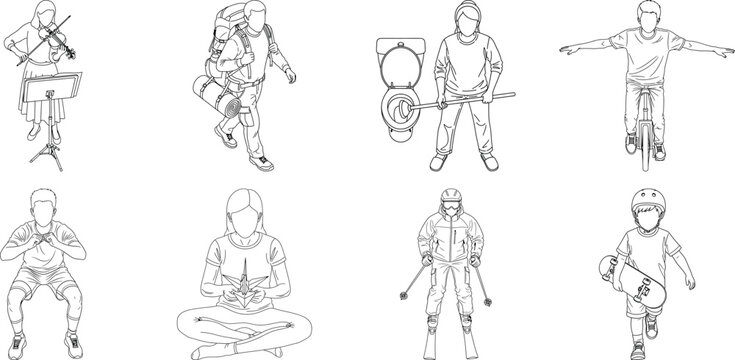 Collection of eight character sketches isolated on transparent background