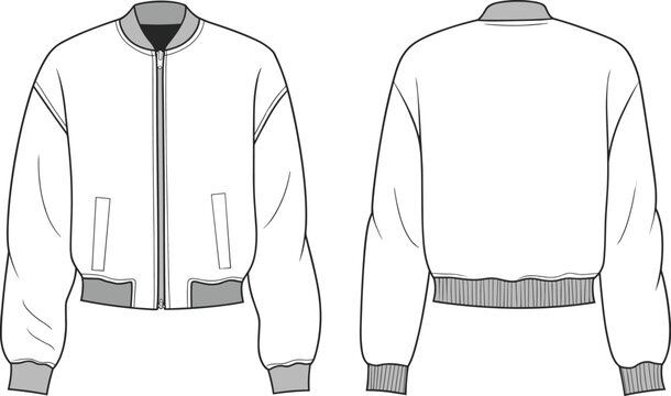 Flat vector line drawing bomber jacket illustration, fashion garment design sketch