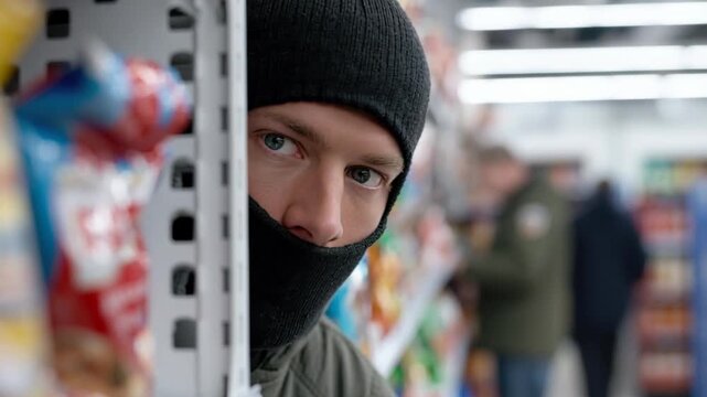 A suspicious person wearing a black mask hides behind grocery shelves while looking around.
