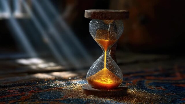 Vintage hourglass with golden sand on wooden base