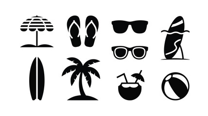 Black vector icons of beach vacation symbols including umbrella flip flops sunglasses surfboard palm tree cocktail and beach ball on white background for summer travel and holiday © Somiran