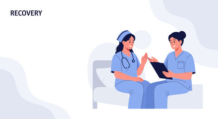 Fototapeta premium Nurses Discussing Patient Recovery on Hospital Bed