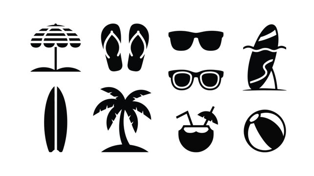 Black vector icons of beach vacation symbols including umbrella flip flops sunglasses surfboard palm tree cocktail and beach ball on white background for summer travel and holiday