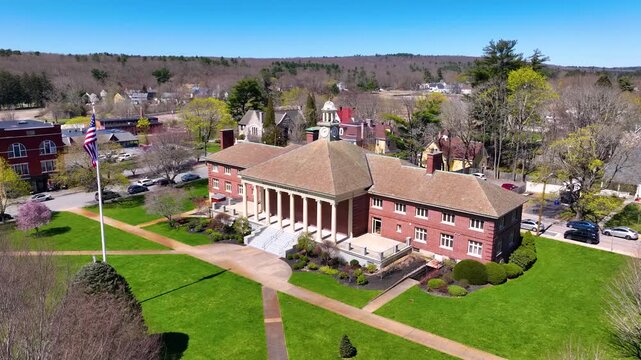 Hopedale Community House aerial view on Hopedale Street in spring in historic town center of Hopedale, Massachusetts MA, USA.  