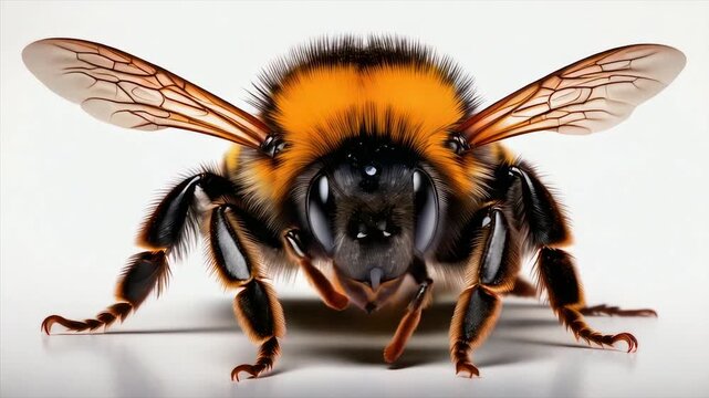 Detailed close-up of a bee with orange, black, and brown coloration, wings spread