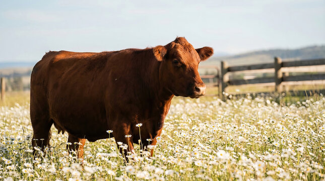 Red Angus cow stands in a field of daisies on a sunny day