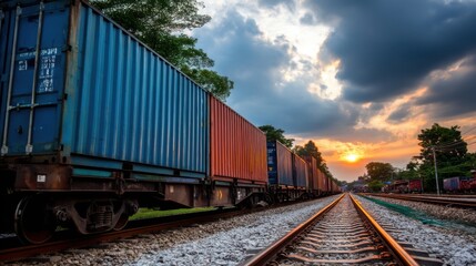 Fototapeta premium Train movement at sunset railway tracks transportation image natural landscape side view industrial concept