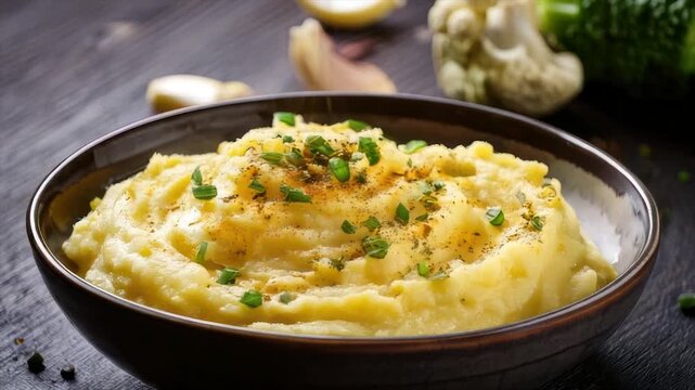 Creamy mashed potatoes in a dark bowl, garnished with green herbs and spices, a rustic scene