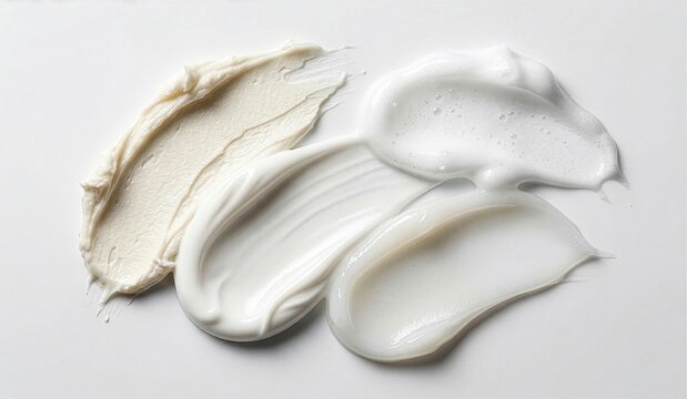 Various skincare product textures: cream, gel, lotion, and foam swatches on white background