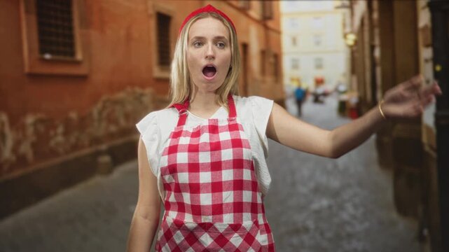 Woman chef in red gingham apron standing with hand on forehead and closed eyes on street cobblestone alley; tiredness daily routine.
